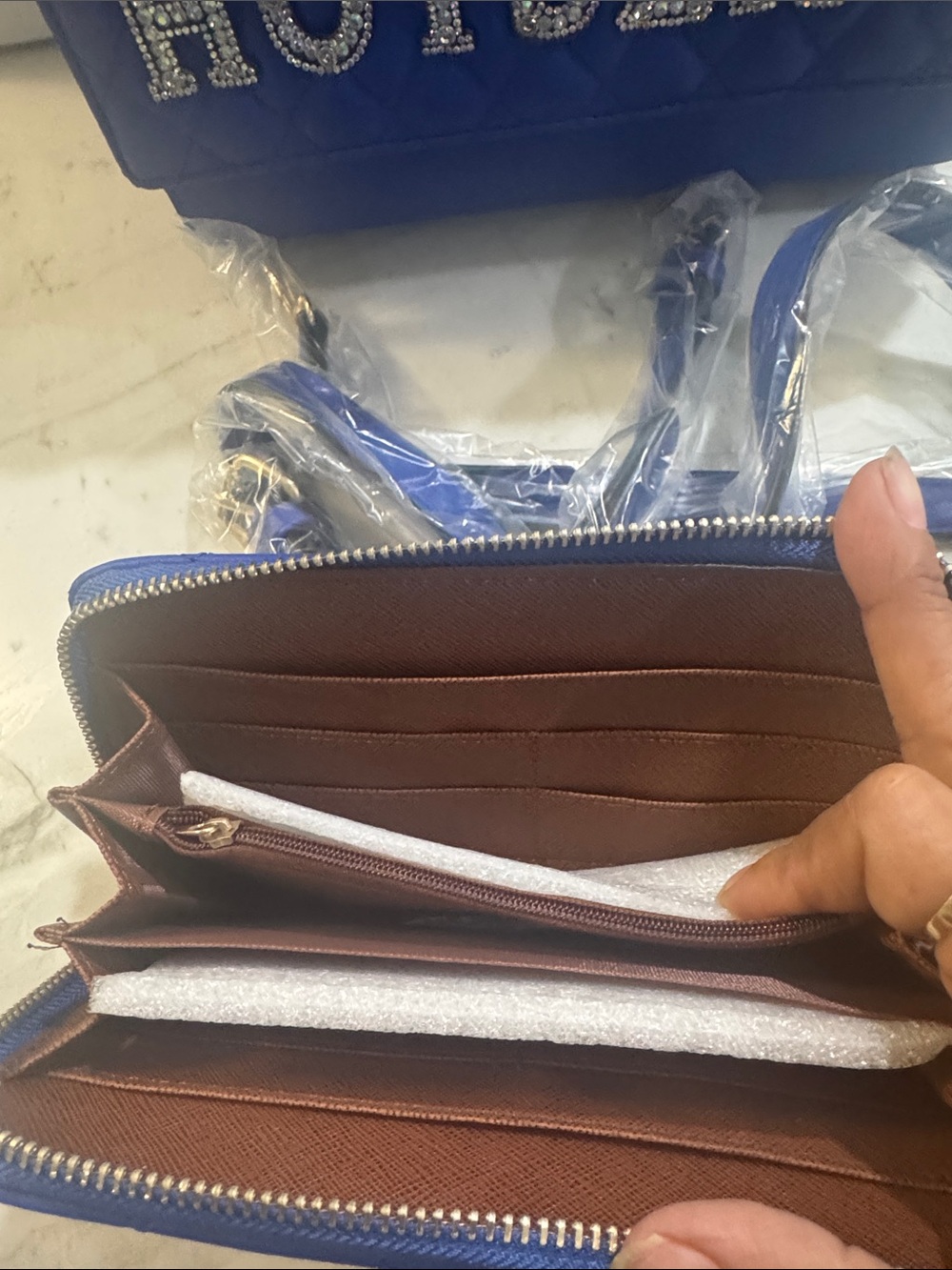 Blue Quilted Shoulder Bag with Crystal 'HOTSEXY' Lettering - Picture 4 of 11